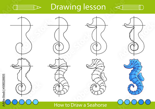 Drawing tutorial. How to draw a seahorse. Kids worksheet and activity page. Children education step by step art lessons. Vector illustration.