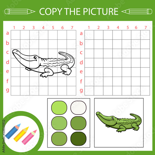 Copy drawing by grid lines the image cute crocodile. Kids activity page. Educational game worksheet with draw.