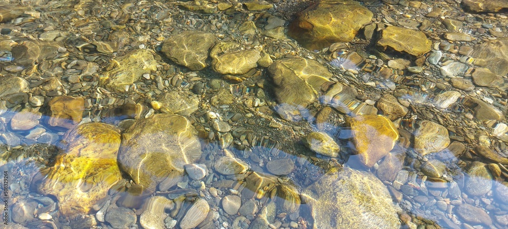 Pebbly bottom seen through transparent water. Klarer Fluss mit schönen großen Kieselsteinen