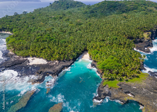 Beautiful views of the coast of the island of sao tome and prince. High waves crashing against the rocks.