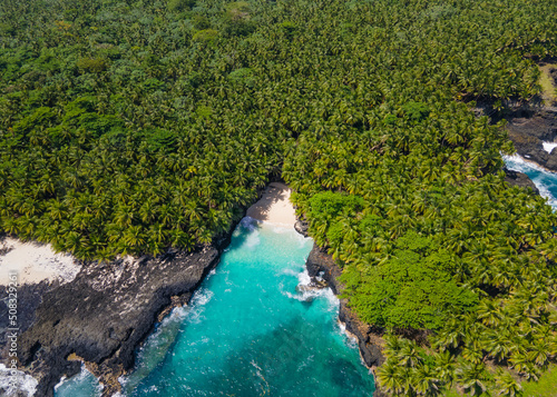 Beautiful views of the coast of the island of sao tome and prince. High waves crashing against the rocks.