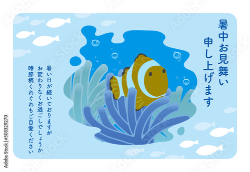 海の中のイソギンチャクに隠れるクマノミの暑中見舞い葉書デザイン