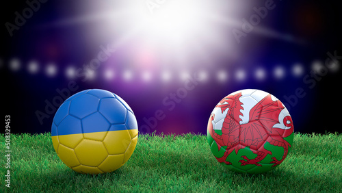 Two soccer balls in flags colors on stadium blurred background. Ukraine vs Wales. 3d image