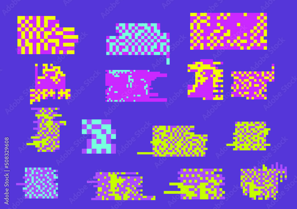 Set of vector elements in pixel bitmap style with glitches, flickers and datamoshing effect. Set of vector elements in pixel bitmap style with glitches, flickers and datamoshing effect.