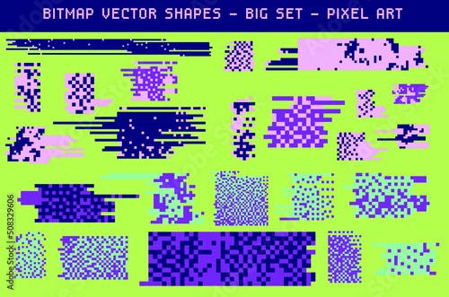 Set of vector elements in pixel bitmap style with glitches, flickers and datamoshing effect.