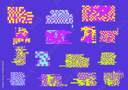 Set of vector elements in pixel bitmap style with glitches, flickers and datamoshing effect.