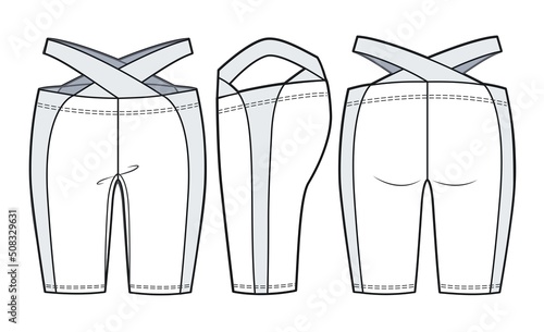 Girl's Short Legging fashion flat sketch template. Cutouts Biker Short Technical Fashion Illustration. Cycling shorts fashion design concept.