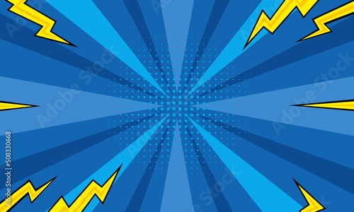 Pop art comic background with lightning. Cartoon Vector Illustration in blue