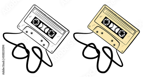 Simple Vector sketch of classic audio cassette, crumpled tape