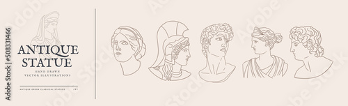 Set of antique heads in linear style. Ancient Greek gods for design of clothes, posters, bag shopper, invitations. Classic sculptures of mythological characters: Venus, David, Athena, Apollo.