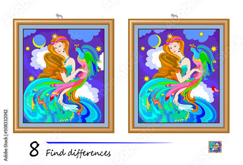 Find 8 differences. Portrait of a beautiful fairy. Logic puzzle game for children and adults. Page for kids brain teaser book. Developing counting skills. IQ test. Play online. Vector image.