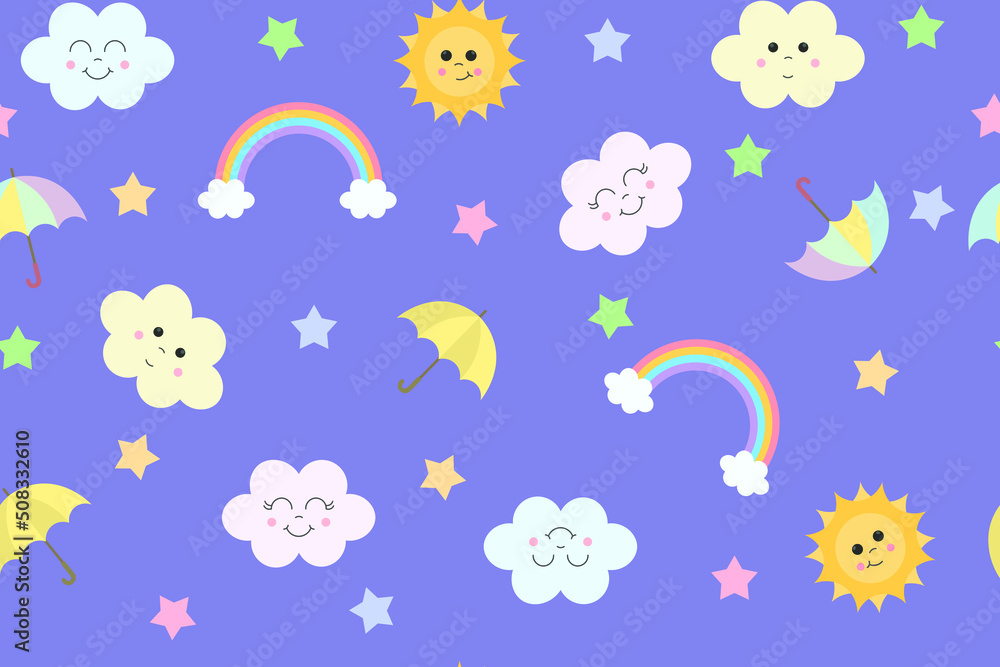 Cloud, rainbow, sun and umbrella background. Cloud print. Cloud for textile print. Fabric print. Cloud, rainbow, sun and umbrella background. Cloud print. Cloud for textile print. Fabric print.