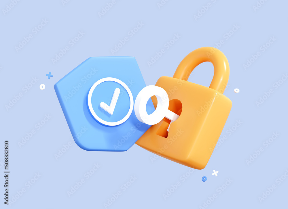 3D Lock with Key and Protection shield. Cyber security internet and networking concept. Shield shape with padlock. Safety and privacy. Cartoon realistic icon isolated on blue background. 3D Rendering - obrazy, fototapety, plakaty 