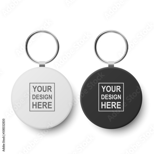 Vector 3d Realistic Blank Black, White Round Keychain with Ring and Chain for Key Isolated on White. Button Badge with Ring Set. Plastic, Metal ID Badge with Chains Key Holder, Design Template, Mockup