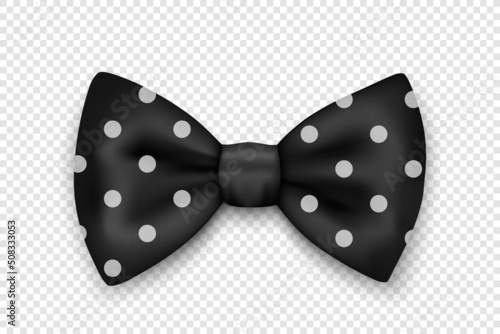 Vector 3d Realistic Black Polka Dot Textured Bow Tie Icon Closeup Isolated. Silk Glossy Bowtie, Tie Gentleman. Mockup, Design Template. Bow tie for Man. Mens Fashion, Fathers Day Holiday
