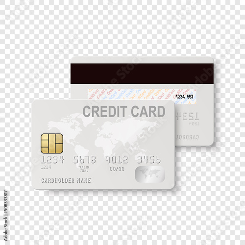 Vector 3d Realistic White Credit Card with Map Isolated. Design Template of Plastic Credit or Debit Card for Mockup, Branding. Credit Card Payment Concept. Front, Top View