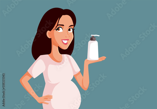 Pregnant Woman Holding a Body Lotion Bottle Vector Illustration