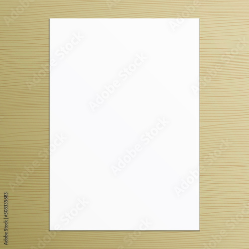 White sheet of paper lying on a wooden background. Vector poster mockup for art, image, or text placement.
