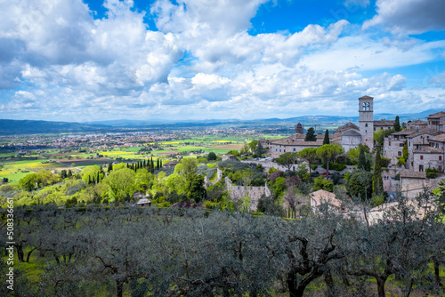 Wide panorama of the ancient houses and countryside surrounding the city of Assisi  Umbria Region  central Italy . Is world famous as birthplace of St. Francis  Italy s christian Patron.
