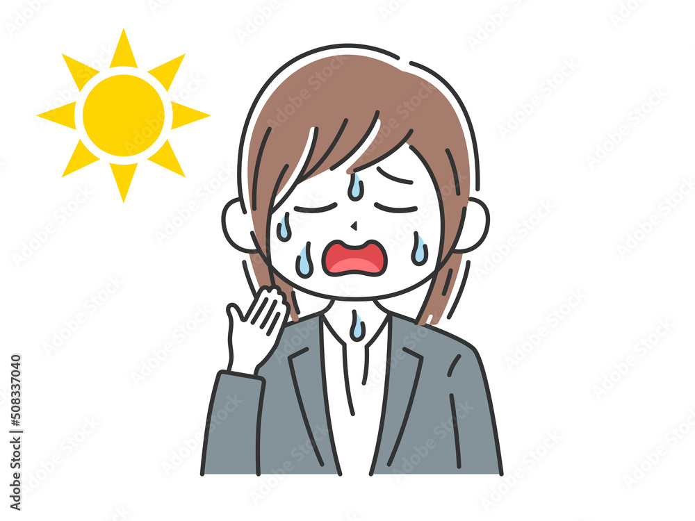 暑さで汗をかく、ビジネスウーマンのイラスト