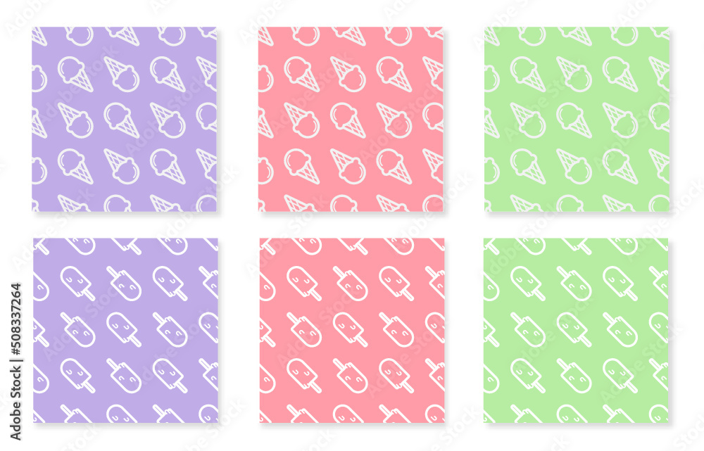 Seamless pattern pastel set featuring ice creams. Vector set with icons and patterns. Purple, pink and green. Summer ice creams. Seamless pattern pastel set featuring ice creams. Vector set with icons and patterns. Purple, pink and green. Summer ice creams.