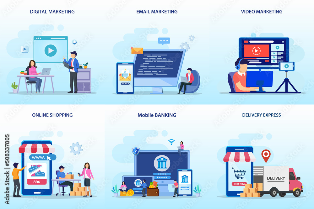 Set bundle Business concept. digital marketing, email marketing, video marketing, online shopping, mobile banking, delivery express