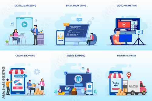 Set bundle Business concept. digital marketing, email marketing, video marketing, online shopping, mobile banking, delivery express