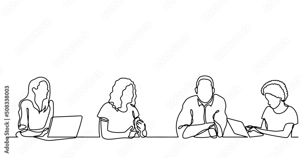 continuous line drawing of office workers at business meeting continuous line drawing of office workers at business meeting