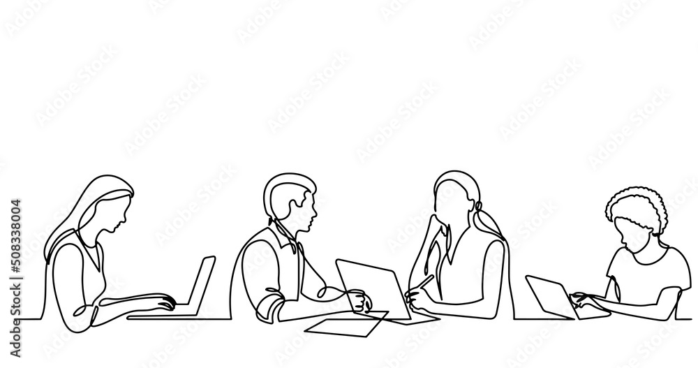 continuous line drawing of office workers at business meeting