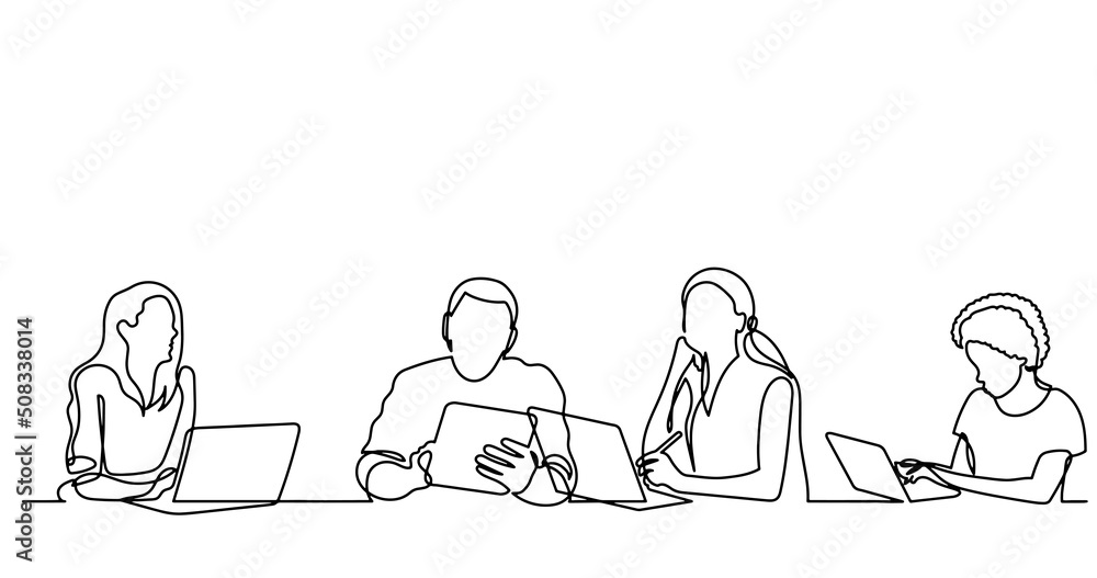 continuous line drawing of office workers at business meeting continuous line drawing of office workers at business meeting