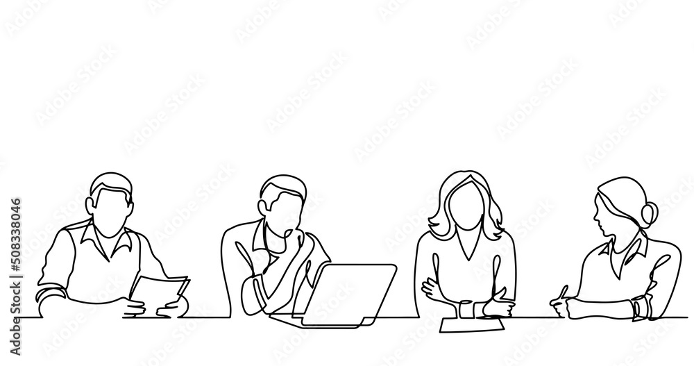 continuous line drawing of office workers at business meeting continuous line drawing of office workers at business meeting