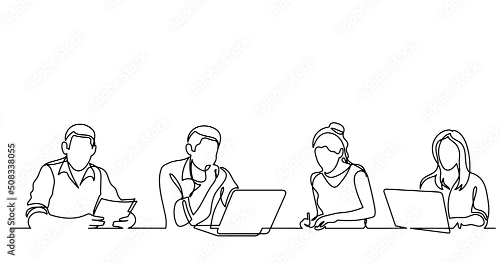 continuous line drawing of office workers at business meeting continuous line drawing of office workers at business meeting
