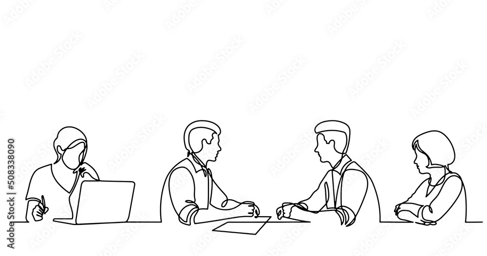 continuous line drawing of office workers at business meeting