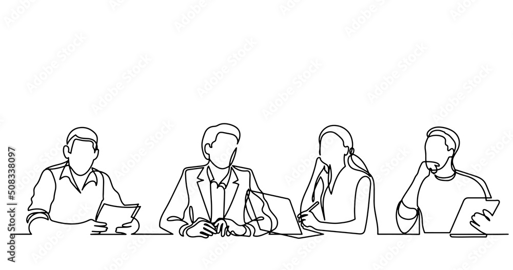 continuous line drawing of office workers at business meeting continuous line drawing of office workers at business meeting