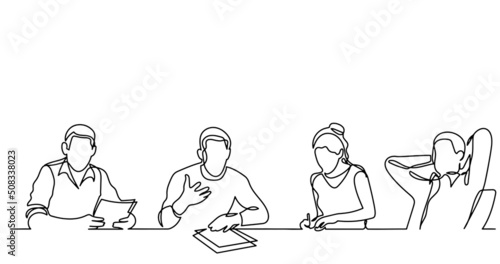 continuous line drawing of office workers at business meeting