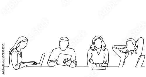 continuous line drawing of office workers at business meeting