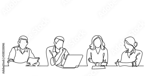 continuous line drawing of office workers at business meeting © OneLineStock