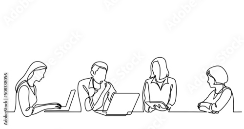 continuous line drawing of office workers at business meeting