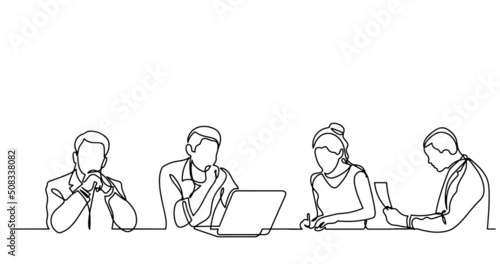 continuous line drawing of office workers at business meeting © OneLineStock