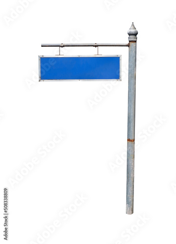 A blue square sign on a 
steel pole isolated on white background,Clipping path