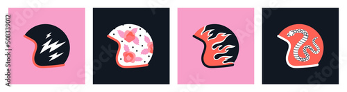 Set of posters with motorcycle helmets. Cool print with lighting, flowers, fire flames and snake. Head protection, equipment for bikers. Wild and vintage style. Hand drawn vector illustrations.