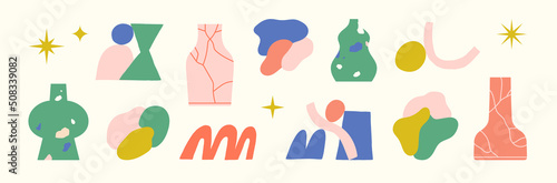 Set of stickers with ceramic objects and abstract shapes. Vases, pottery. Simple shapes, cracked texture. Home decorating, arts and crafts. Colorful vector illustration isolated on beige background. 