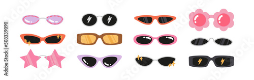 Big set with sunglasses. Different shapes and styles - for parties or casual occasions. Lifestyle and fashion.
Hand drawn illustration in trendy colors. Isolated on white background.