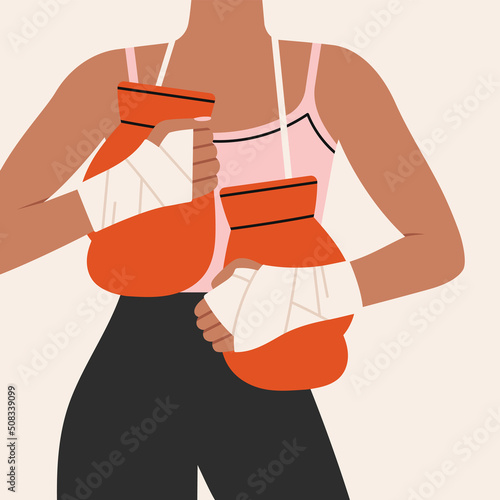 Illustration with a girl boxer with gloves, in sportswear. 
Training, boxing, wrestling, defense. Fragment. Cool sport illustration in modern colors.
Hand drawn vector illustration.
