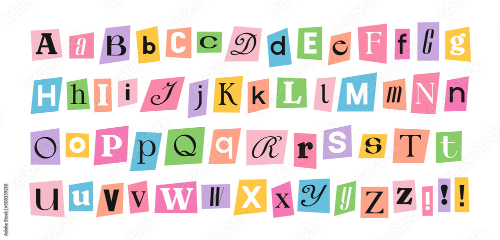 Hand drawn alphabet. Letters on pieces of paper in different colors.
Set of capital and lowercase letters.
Cuts from newspaper, anonymous message style
Vector illustration isolated on white background Hand drawn alphabet. Letters on pieces of paper in different colors.
Set of capital and lowercase letters.
Cuts from newspaper, anonymous message style
Vector illustration isolated on white background