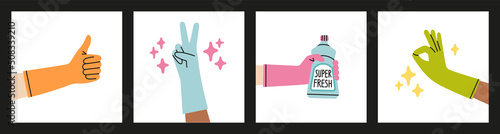 Set of posters with hands in rubber gloves. House cleaning, disinfection. Hand protection.
Dusting cloth, household chemicals, sponge for cleaning.
Colorful hand drawn vector illustrations.