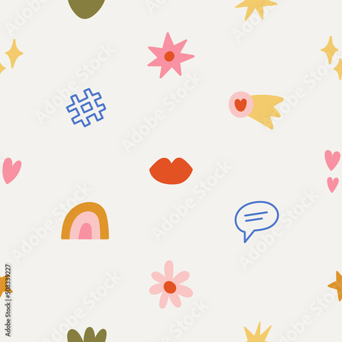 Cute seamless pattern with kawaii icons. Positive print with rainbow, stars, hearts, lips etc.Ideal for wrapping paper, backgrounds, fabric design etc. Trendy hand drawn vector illustration.