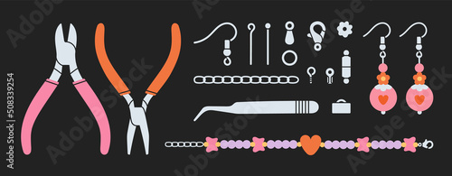 Big set with equipment for beading and jewelry making. Instruments, silver spare parts, bracelet and earrings.
Beading, handmade, fashion. 
Hand drawn vector illustration isolated on black background.