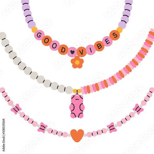 Cute poster with collection of beaded necklaces. Beading, handmade, fashion concept. Set in cool design.
Hand drawn vector illustration in trendy colors. Isolated on white background.