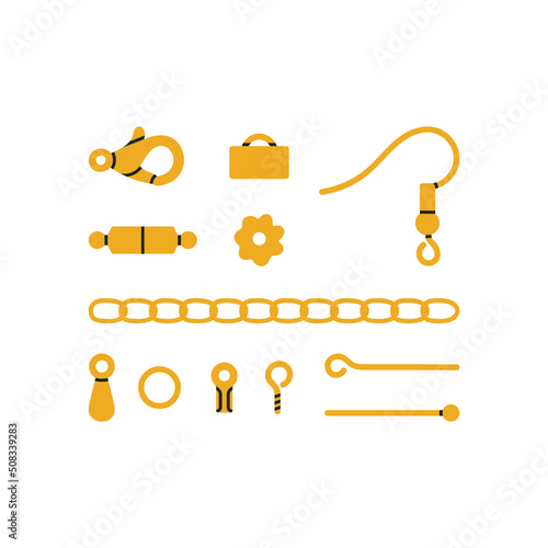 Set with equipment for beading and jewelry making. Golden spare parts  bracelets, necklaces and earrings.
Beading, handmade, fashion. 
Hand drawn vector illustration isolated on white background.